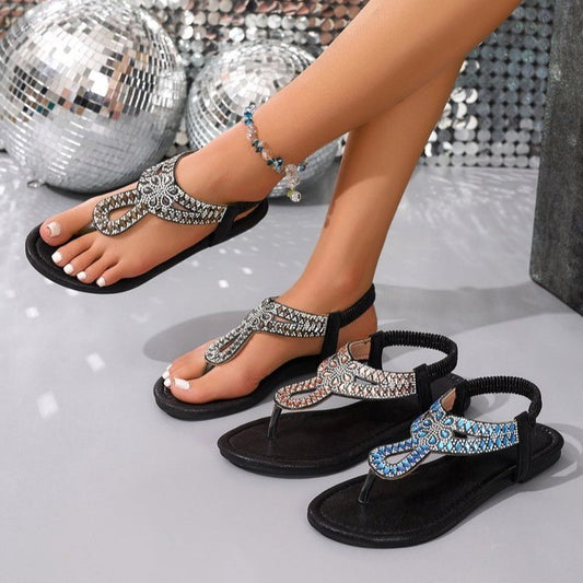 Boho Rhinestone T-Strap Sandals – Glam & Comfy Style