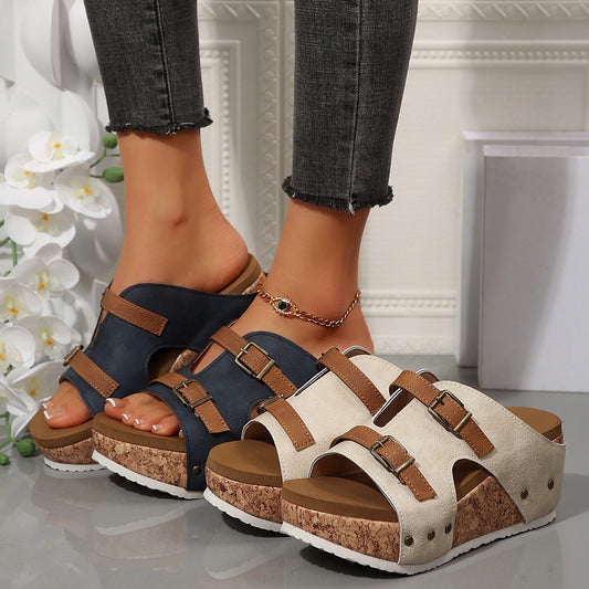 Double Buckle Cork Wedge Sandals – Casual & Comfy Slip-On
