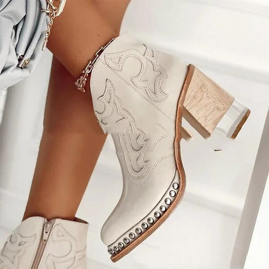 Western Chic Ankle Boots – Embroidered Leather, Block Heel